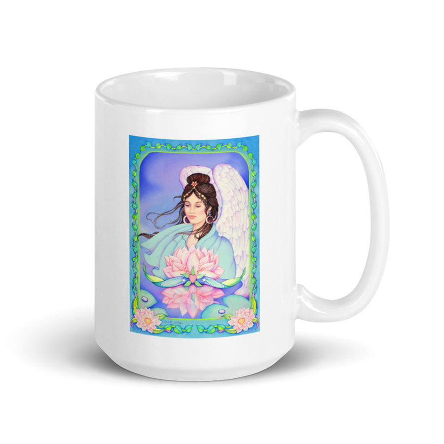 Angel with Lotus White glossy mug