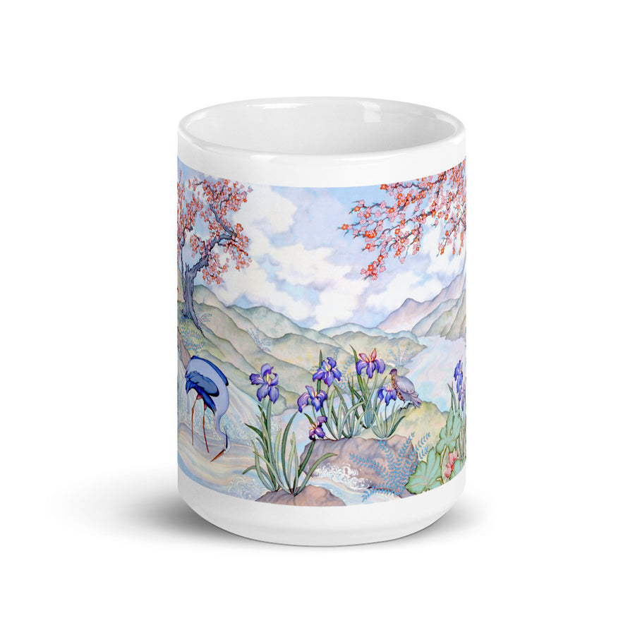 Herons and Landscape White glossy mug