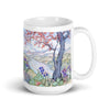 Herons and Landscape White glossy mug