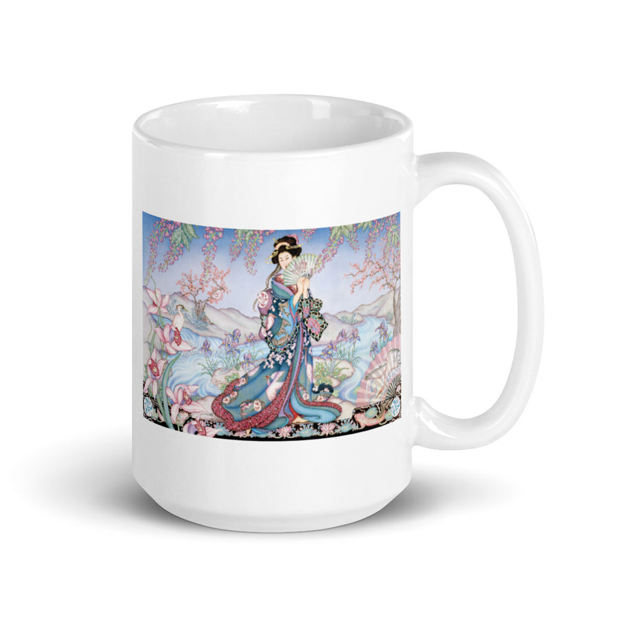 Geisha In Landscape White glossy mug