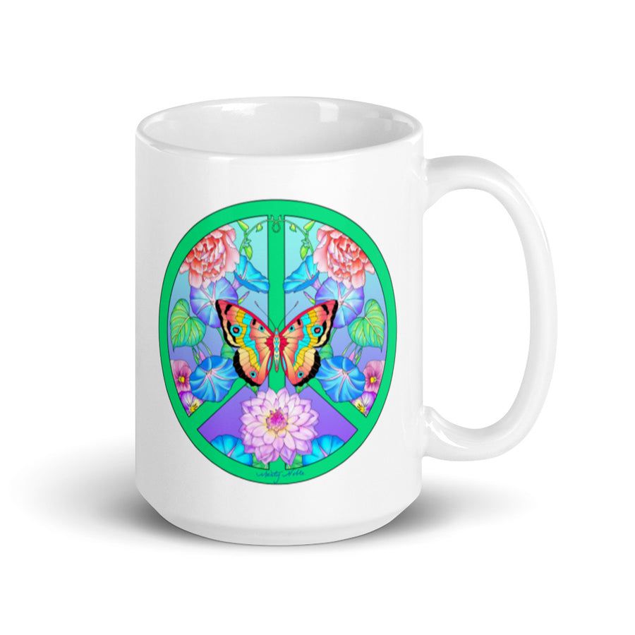 Peace Sign Butterfly Floral 1 White Glossy Mug