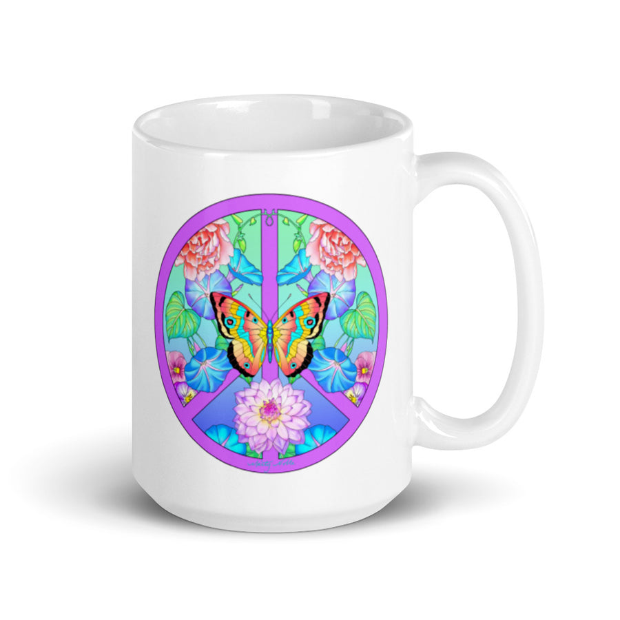 Peace Sign Butterfly Floral 2 White Glossy Mug